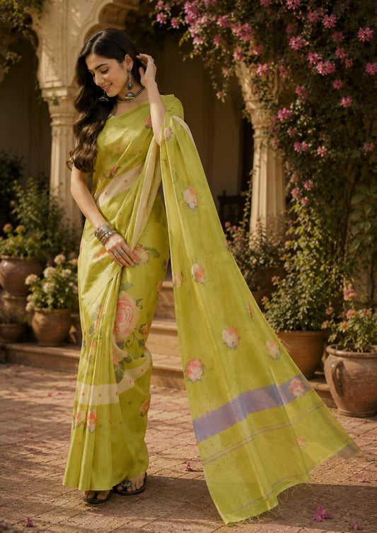 Dwija Fashion Women'S Casual Wear Printed Linen Designer Saree With Unstitched Blouse-Mint Green
