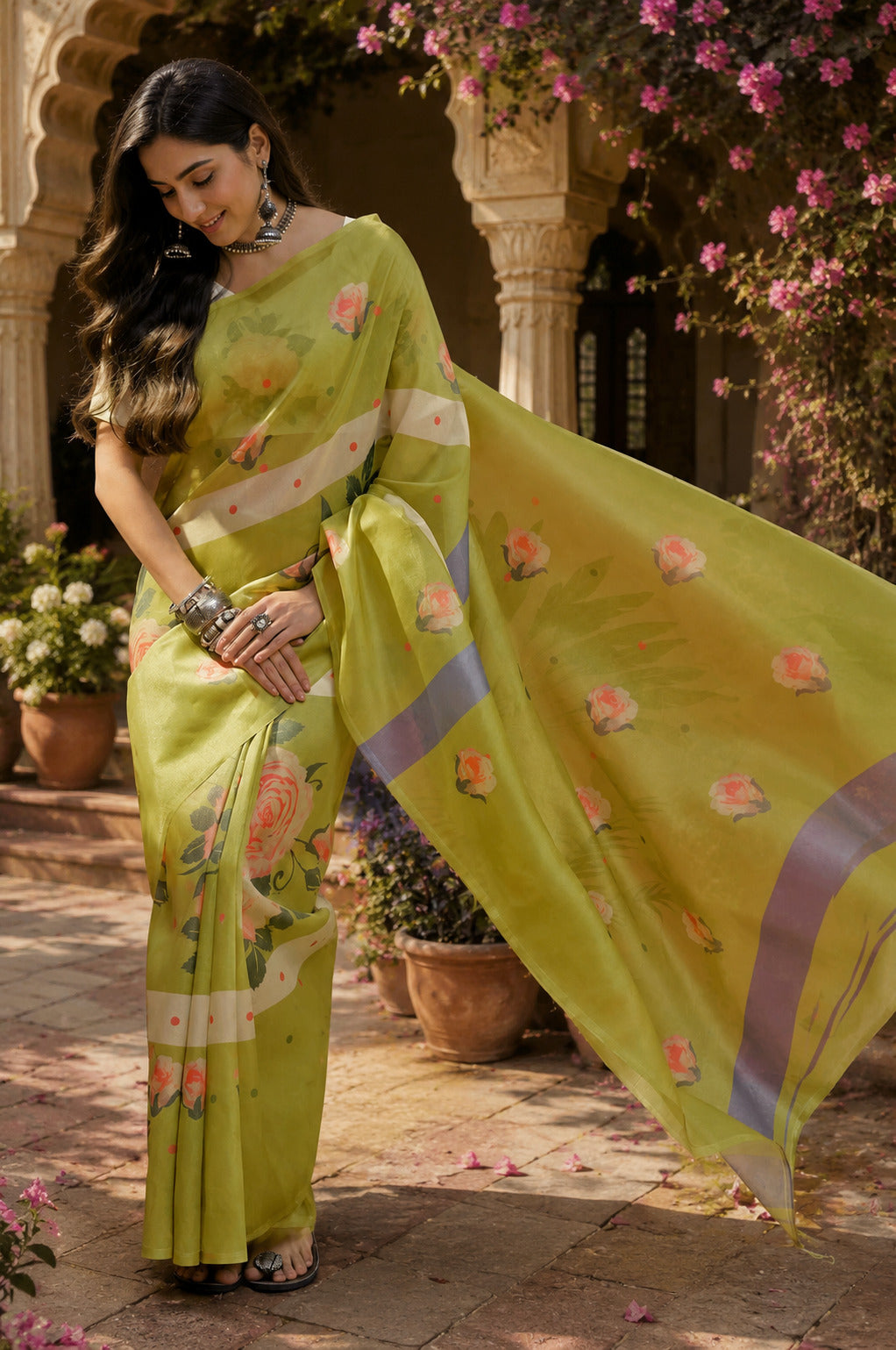 Dwija Fashion Women'S Casual Wear Printed Linen Designer Saree With Unstitched Blouse-Mint Green