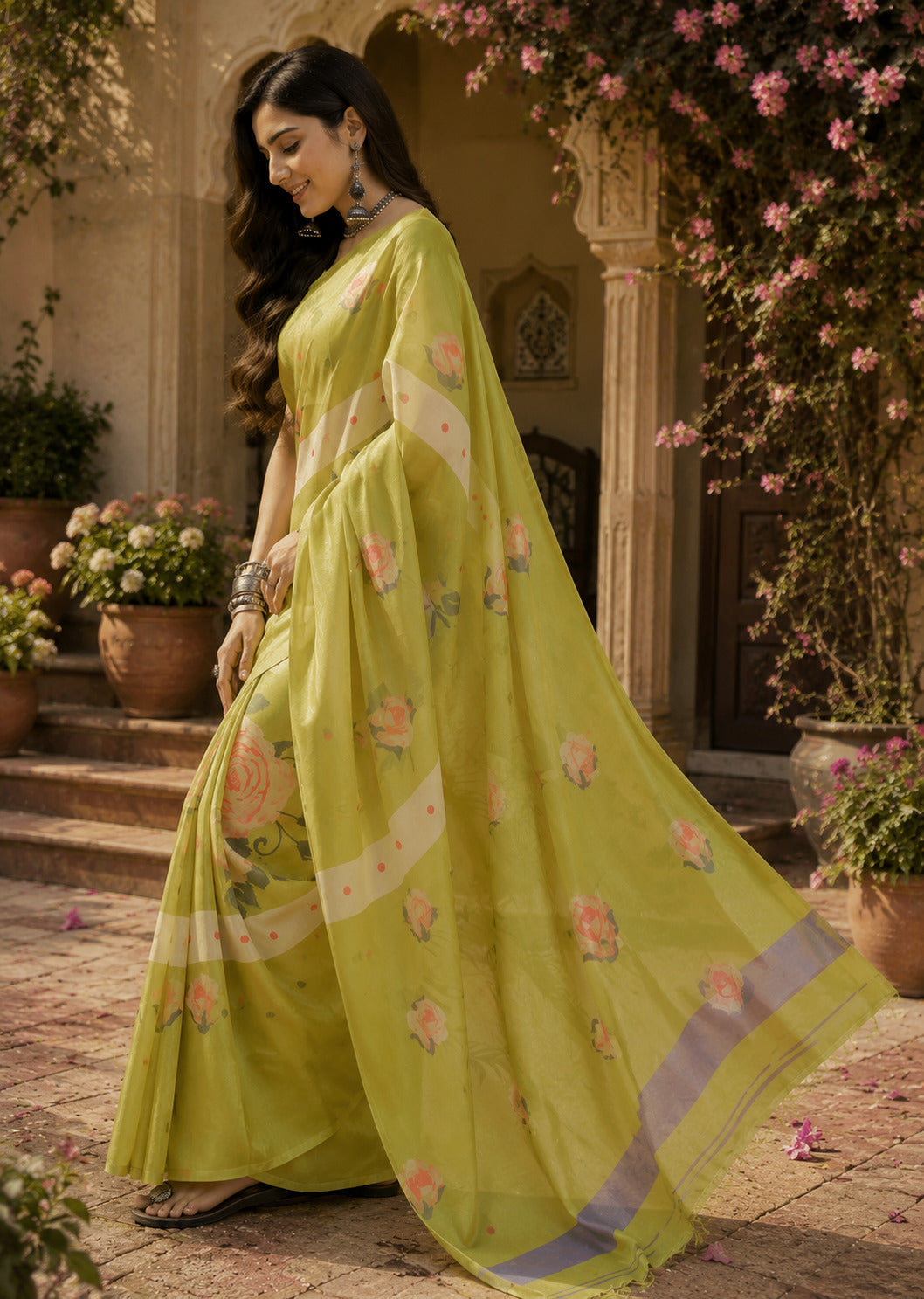 Dwija Fashion Women'S Casual Wear Printed Linen Designer Saree With Unstitched Blouse-Mint Green