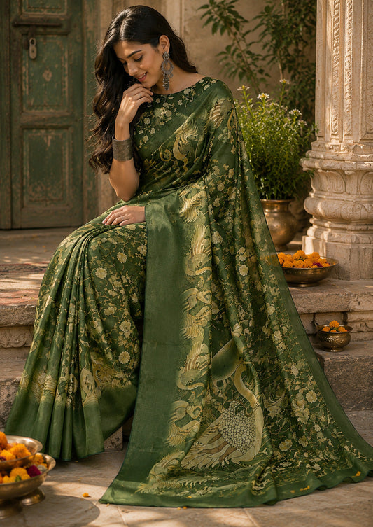 Dwija Fashion Women'S Casual Wear Printed Linen Designer Saree With Unstitched Blouse-Green