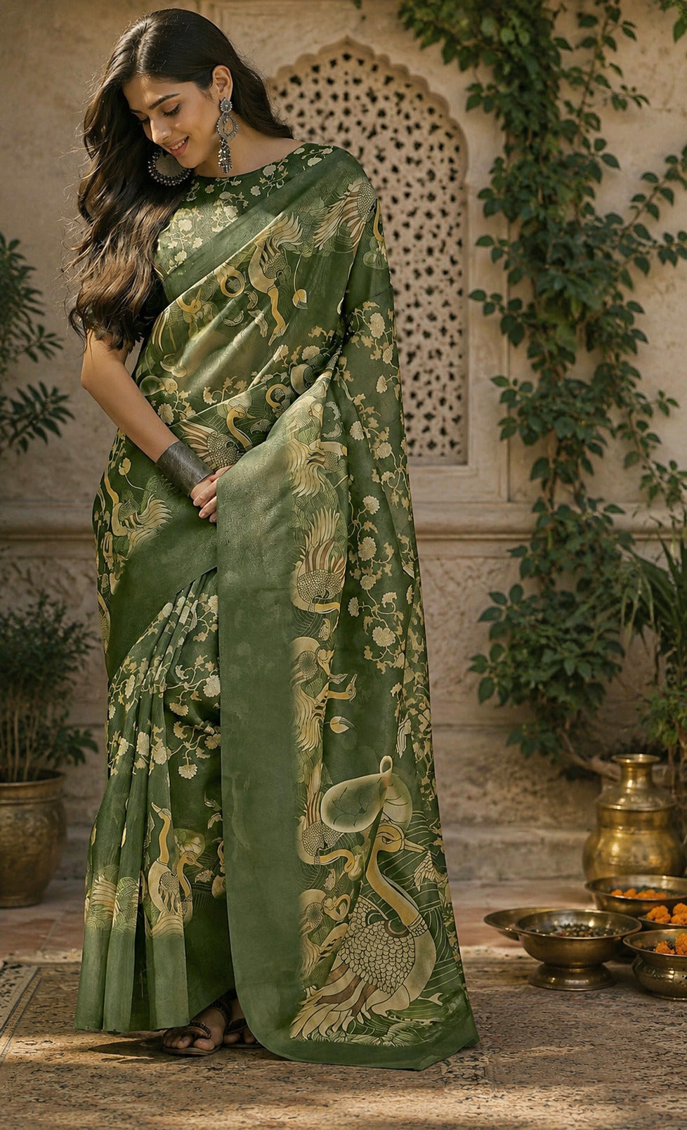 Dwija Fashion Women'S Casual Wear Printed Linen Designer Saree With Unstitched Blouse-Green