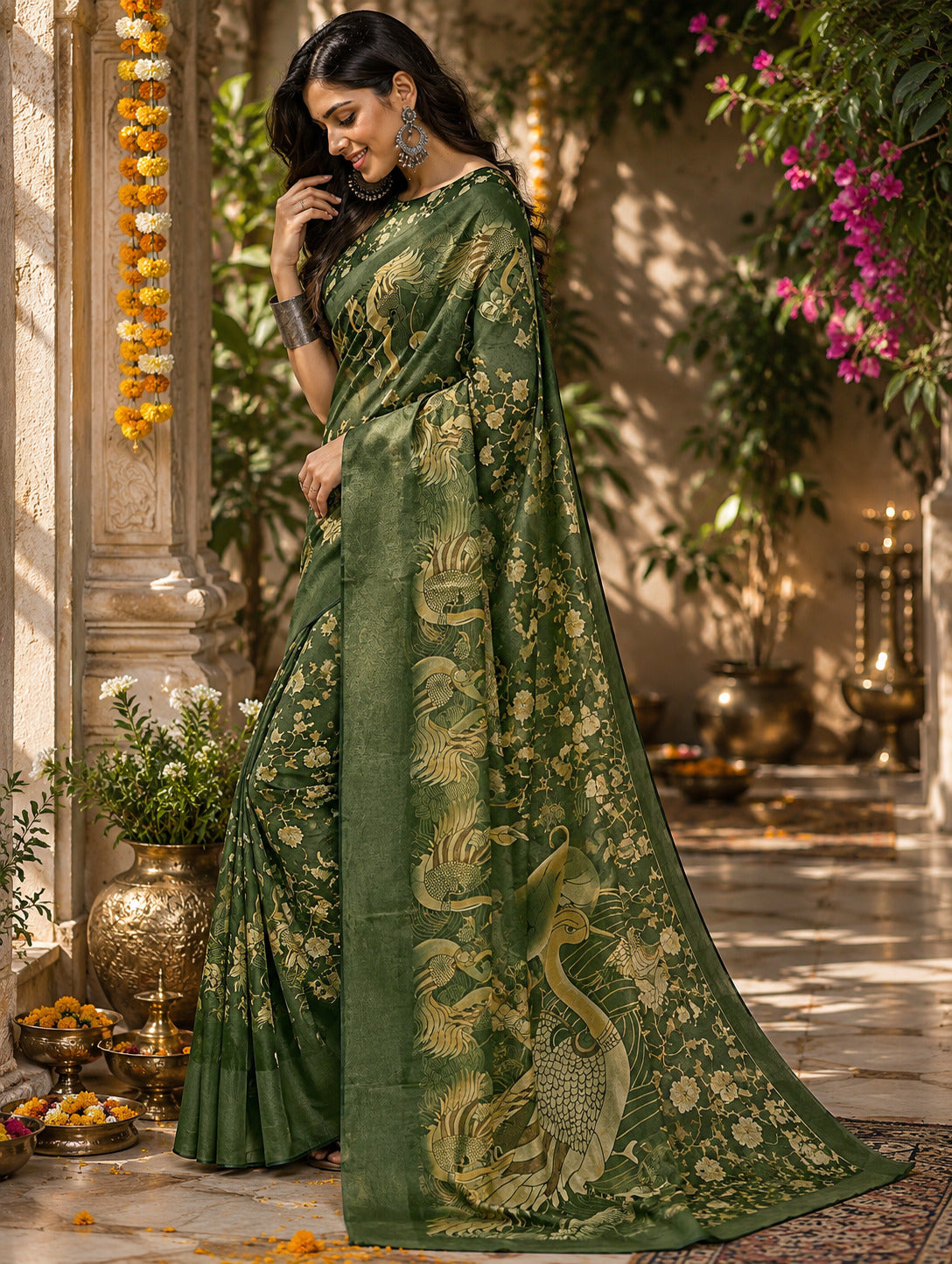 Dwija Fashion Women'S Casual Wear Printed Linen Designer Saree With Unstitched Blouse-Green