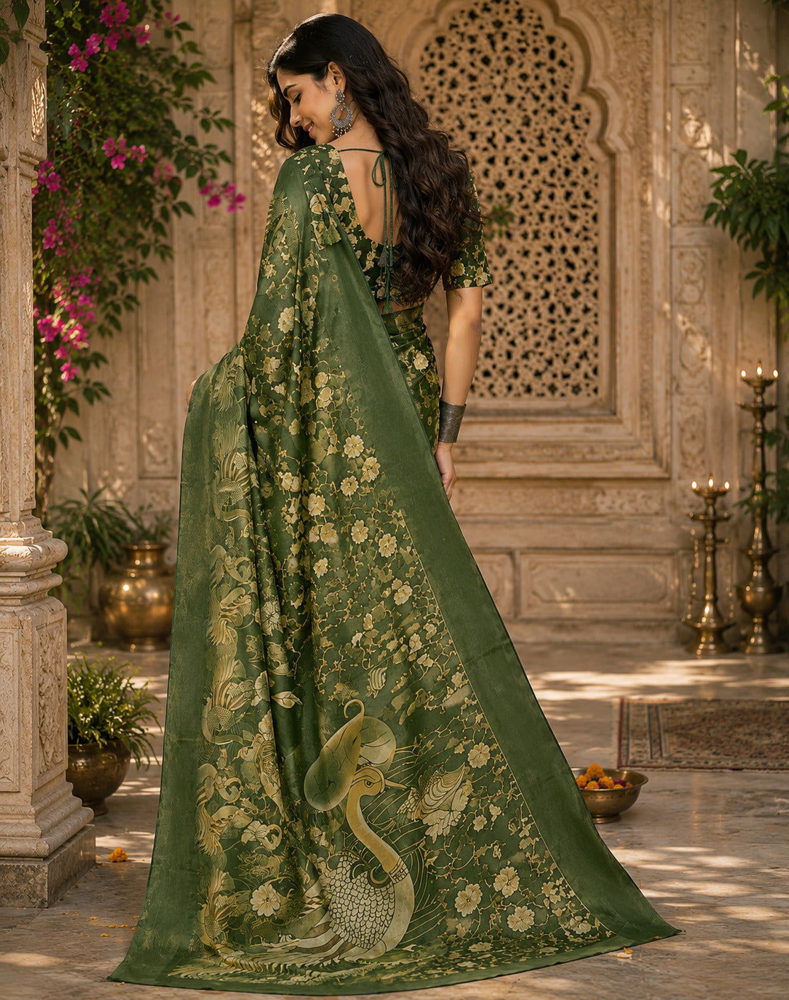 Dwija Fashion Women'S Casual Wear Printed Linen Designer Saree With Unstitched Blouse-Green
