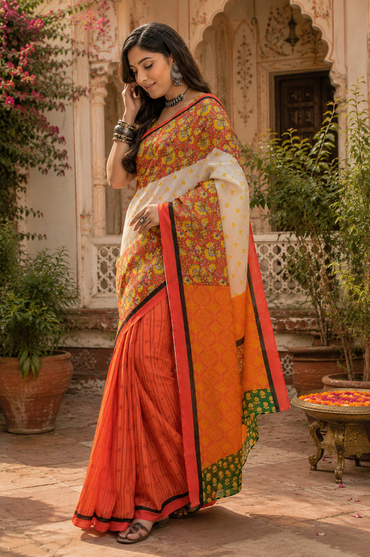 Dwija Fashion Women'S Casual Wear Printed Linen Designer Saree With Unstitched Blouse-Multicolor