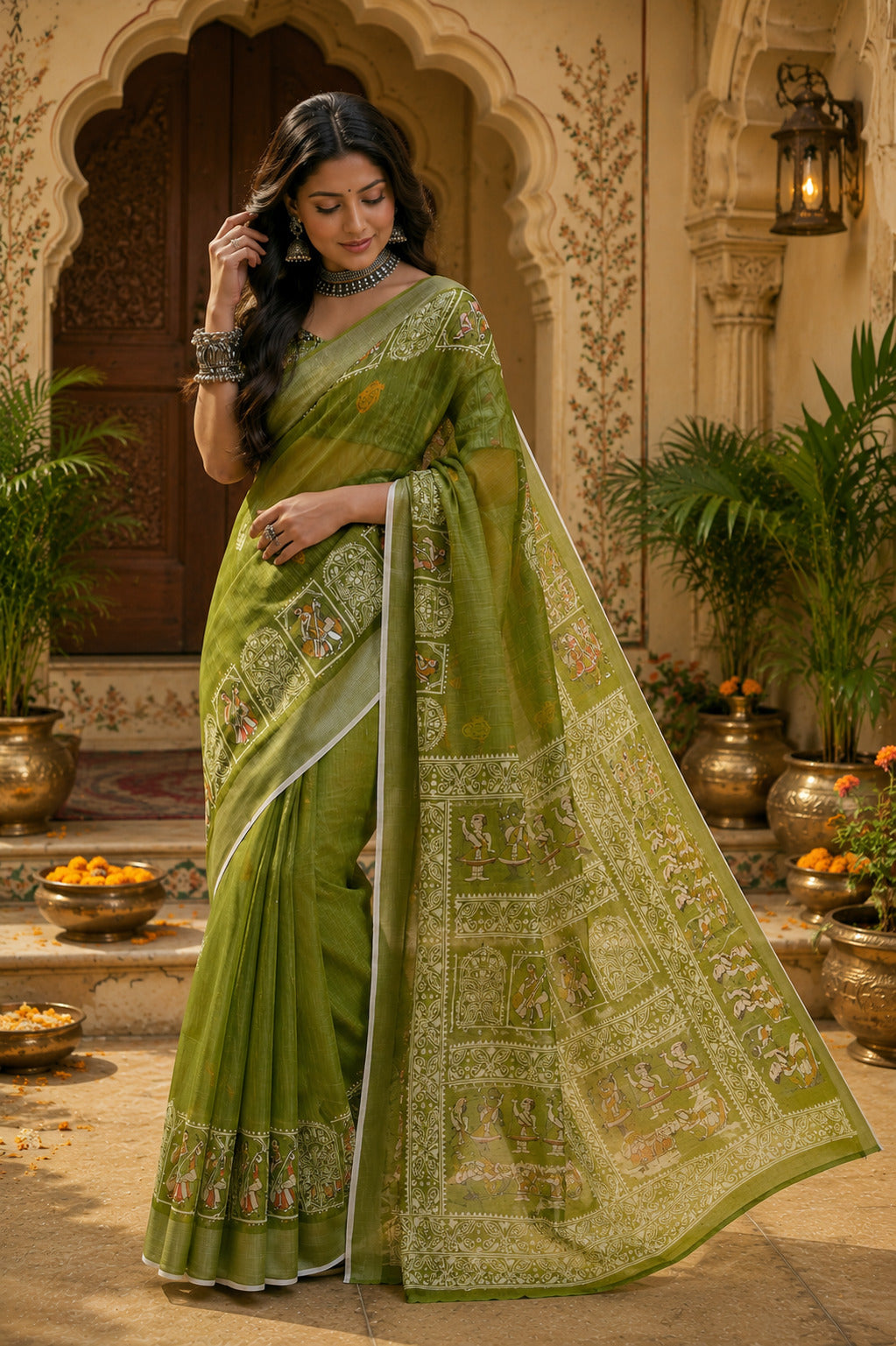 Dwija Fashion Women'S Casual Wear Printed Linen Designer Saree With Unstitched Blouse-Green