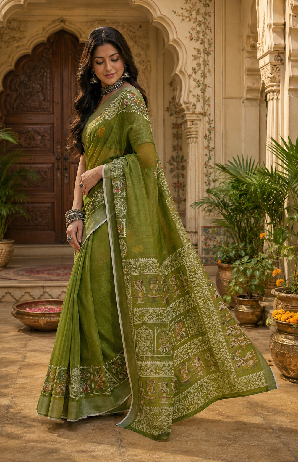 Dwija Fashion Women'S Casual Wear Printed Linen Designer Saree With Unstitched Blouse-Green