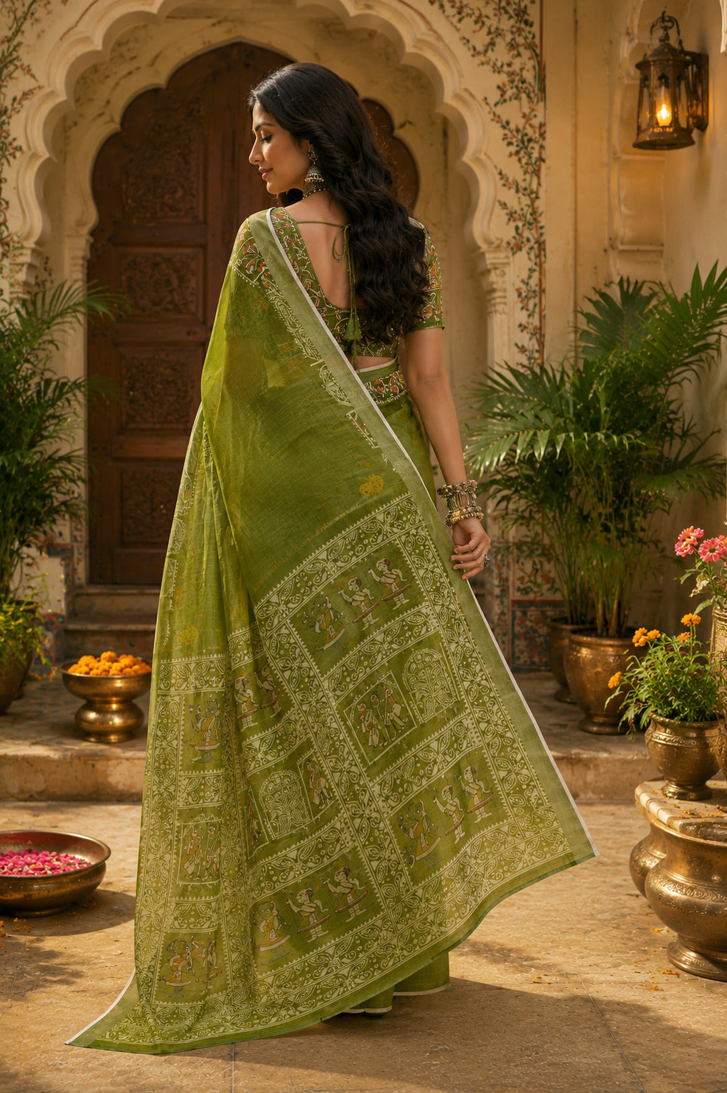 Dwija Fashion Women'S Casual Wear Printed Linen Designer Saree With Unstitched Blouse-Green