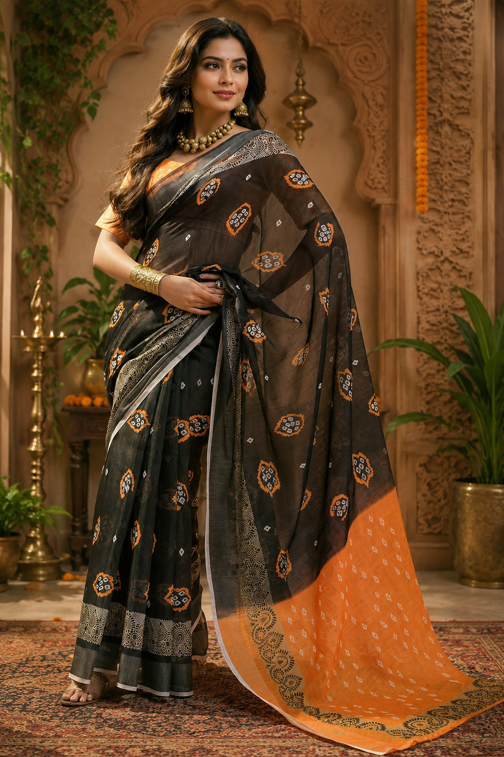 Dwija Fashion Women'S Casual Wear Printed Linen Designer Saree With Unstitched Blouse-Black