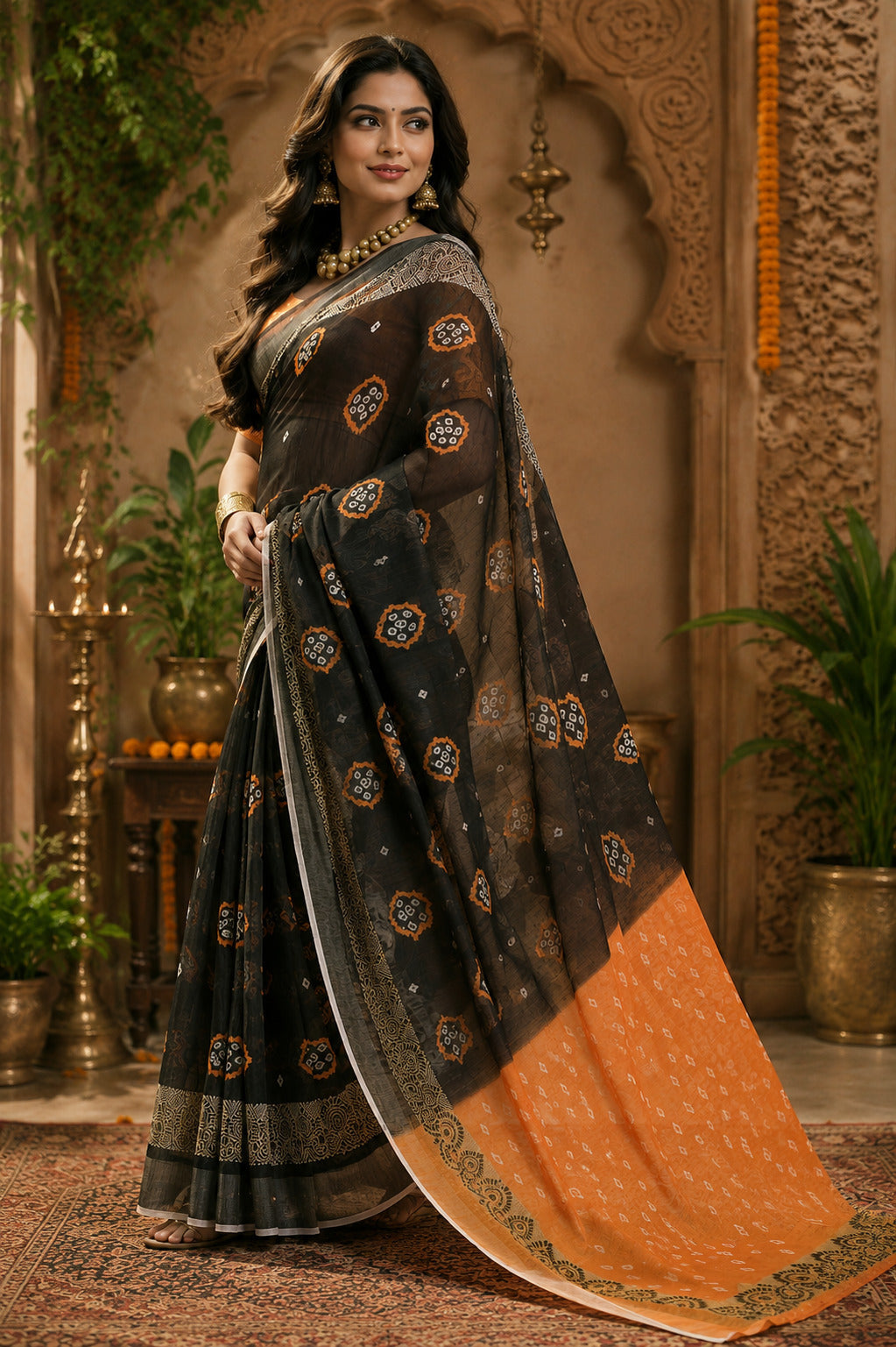 Dwija Fashion Women'S Casual Wear Printed Linen Designer Saree With Unstitched Blouse-Black