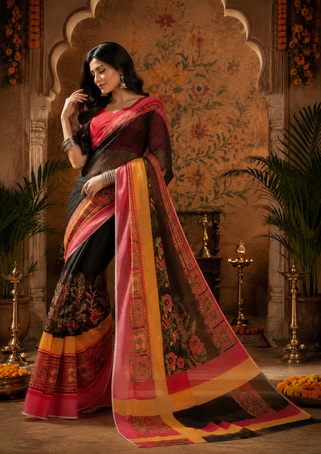 Dwija Fashion Women'S Casual Wear Printed Linen Designer Saree With Unstitched Blouse-Black
