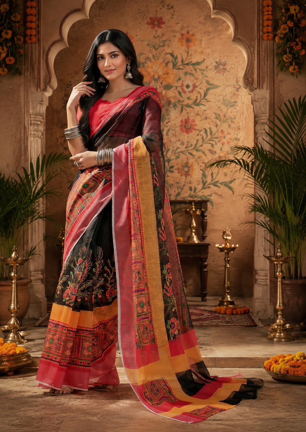 Dwija Fashion Women'S Casual Wear Printed Linen Designer Saree With Unstitched Blouse-Black