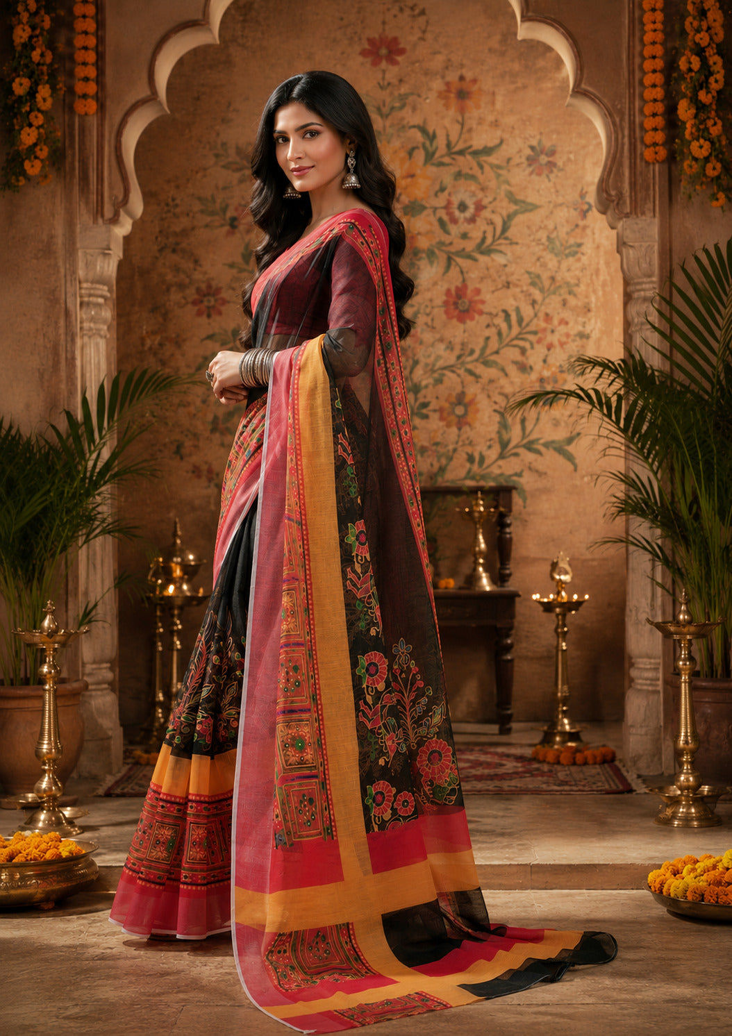 Dwija Fashion Women'S Casual Wear Printed Linen Designer Saree With Unstitched Blouse-Black