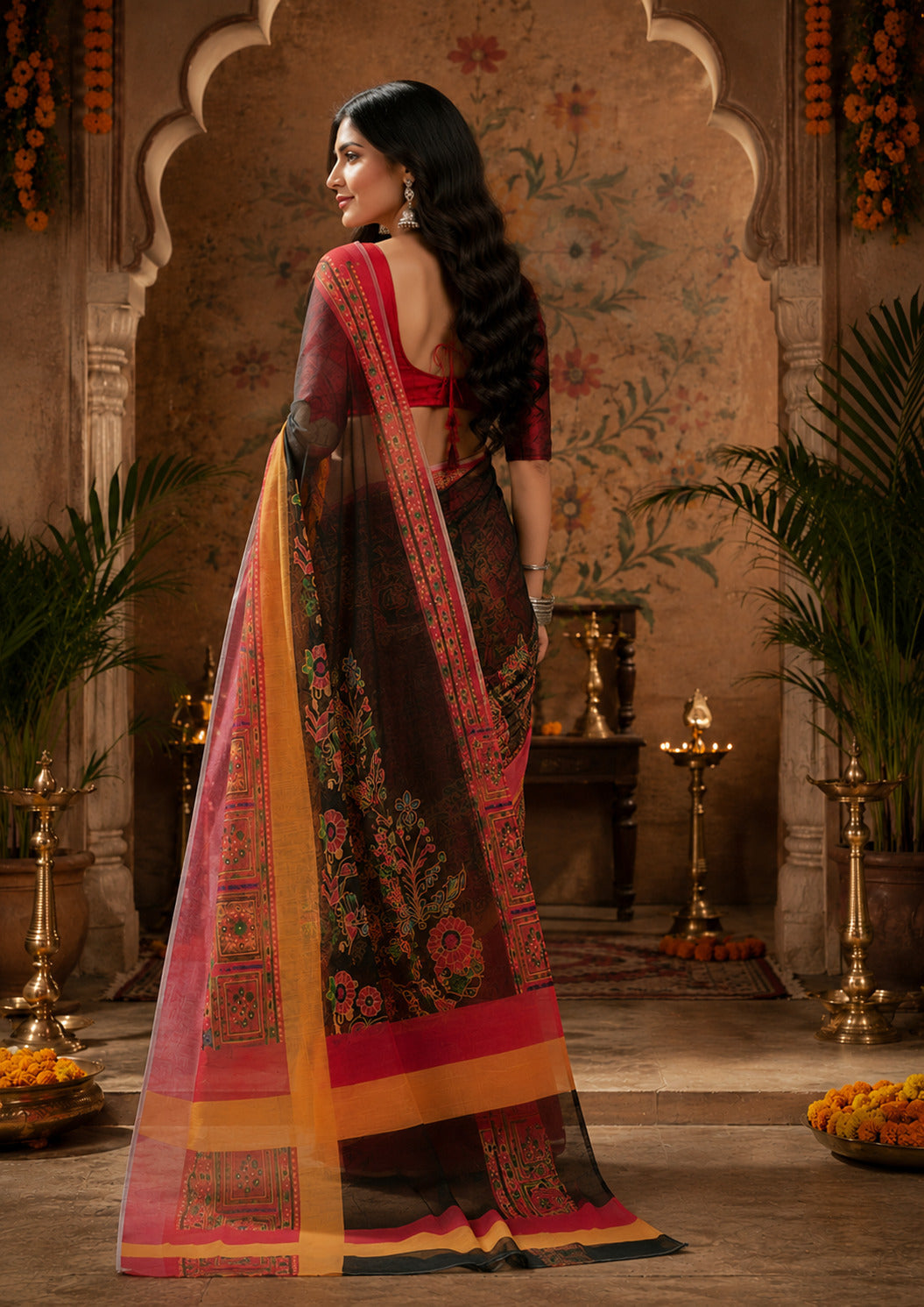 Dwija Fashion Women'S Casual Wear Printed Linen Designer Saree With Unstitched Blouse-Black