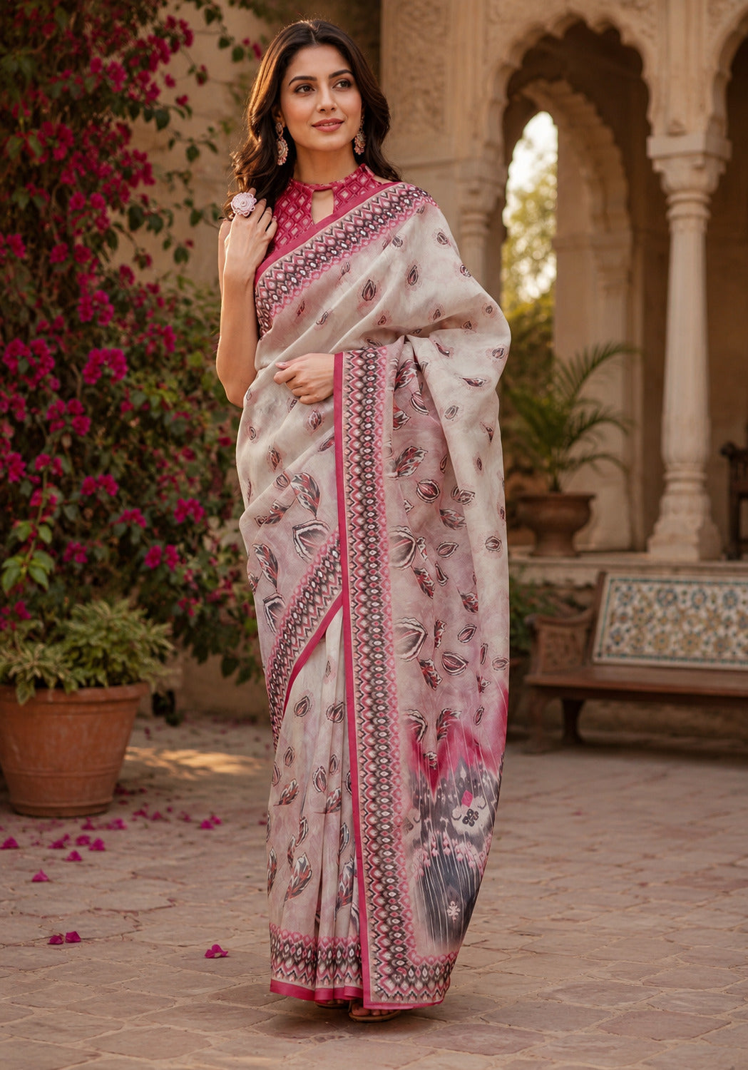 Dwija Fashion Women'S Casual Wear Printed Linen Designer Saree With Unstitched Blouse-White