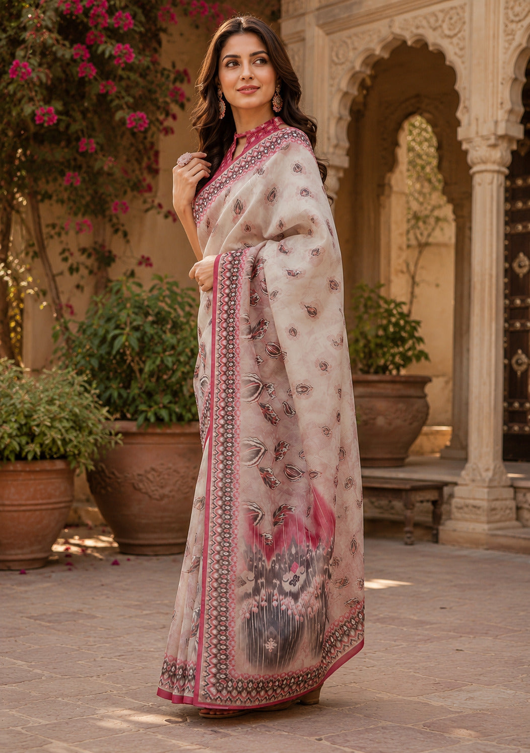 Dwija Fashion Women'S Casual Wear Printed Linen Designer Saree With Unstitched Blouse-White