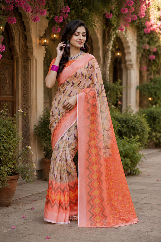Dwija Fashion Women'S Casual Wear Printed Linen Designer Saree With Unstitched Blouse-Beige
