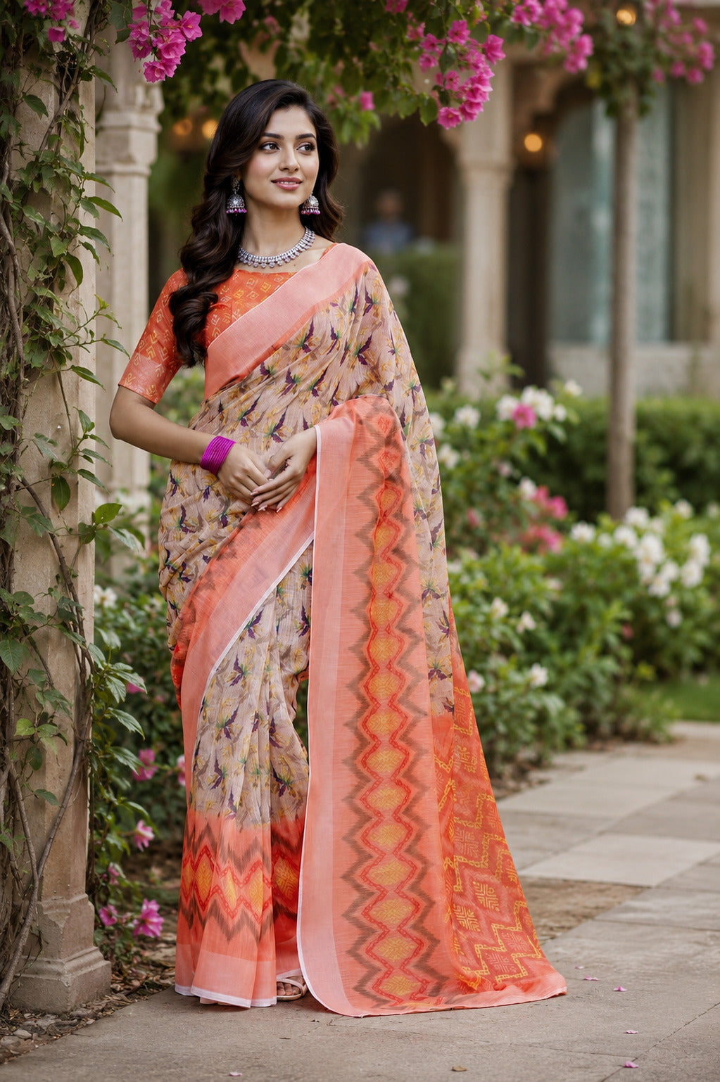 Dwija Fashion Women'S Casual Wear Printed Linen Designer Saree With Unstitched Blouse-Beige