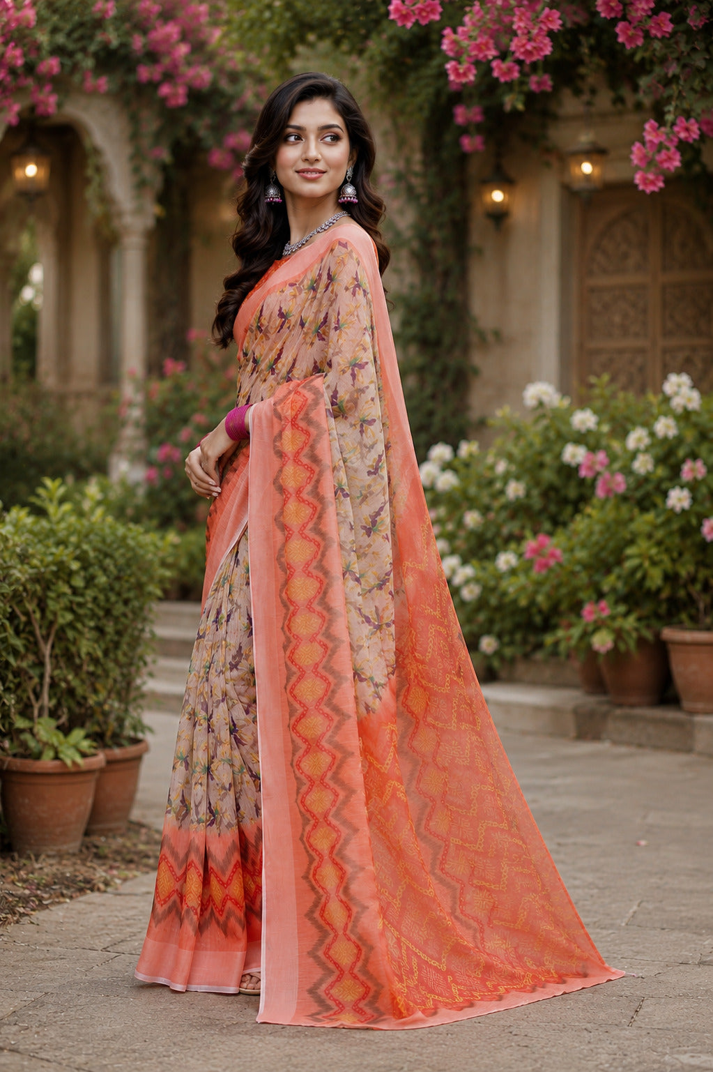Dwija Fashion Women'S Casual Wear Printed Linen Designer Saree With Unstitched Blouse-Beige