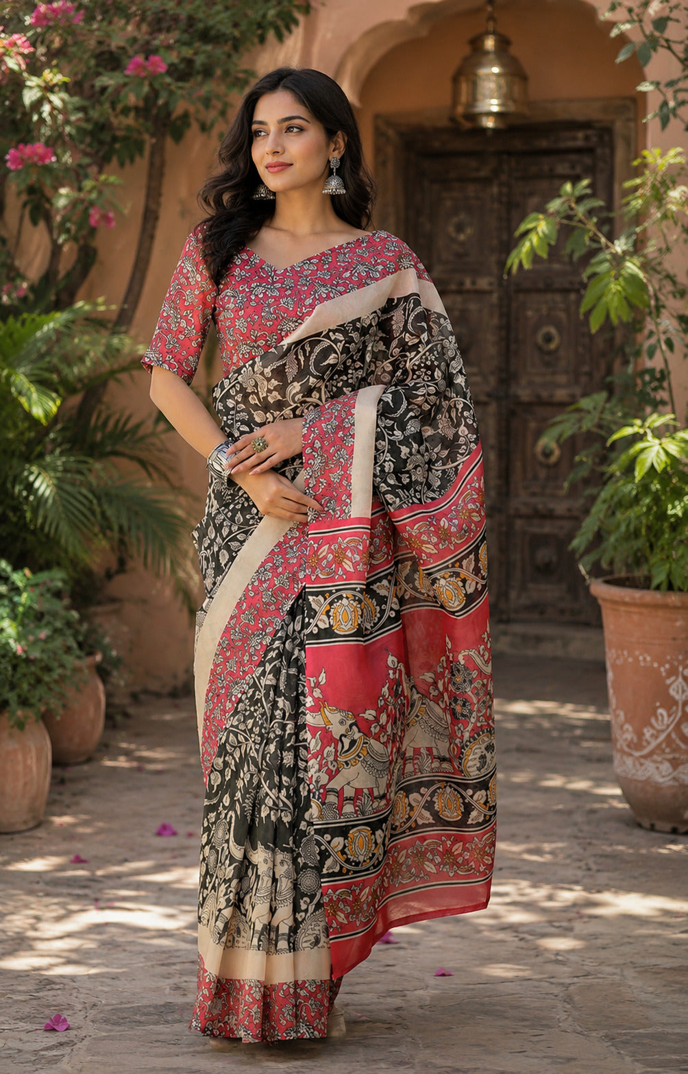 Dwija Fashion Women'S Casual Wear Printed Linen Designer Saree With Unstitched Blouse-Black