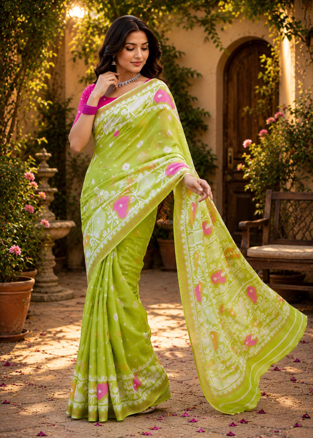 Dwija Fashion Women'S Casual Wear Printed Linen Designer Saree With Unstitched Blouse-Mint Green