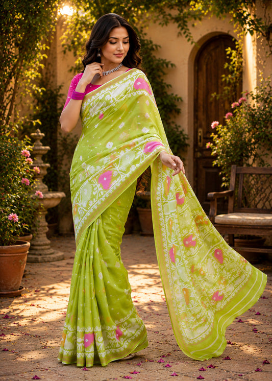 Dwija Fashion Women'S Casual Wear Printed Linen Designer Saree With Unstitched Blouse-Mint Green