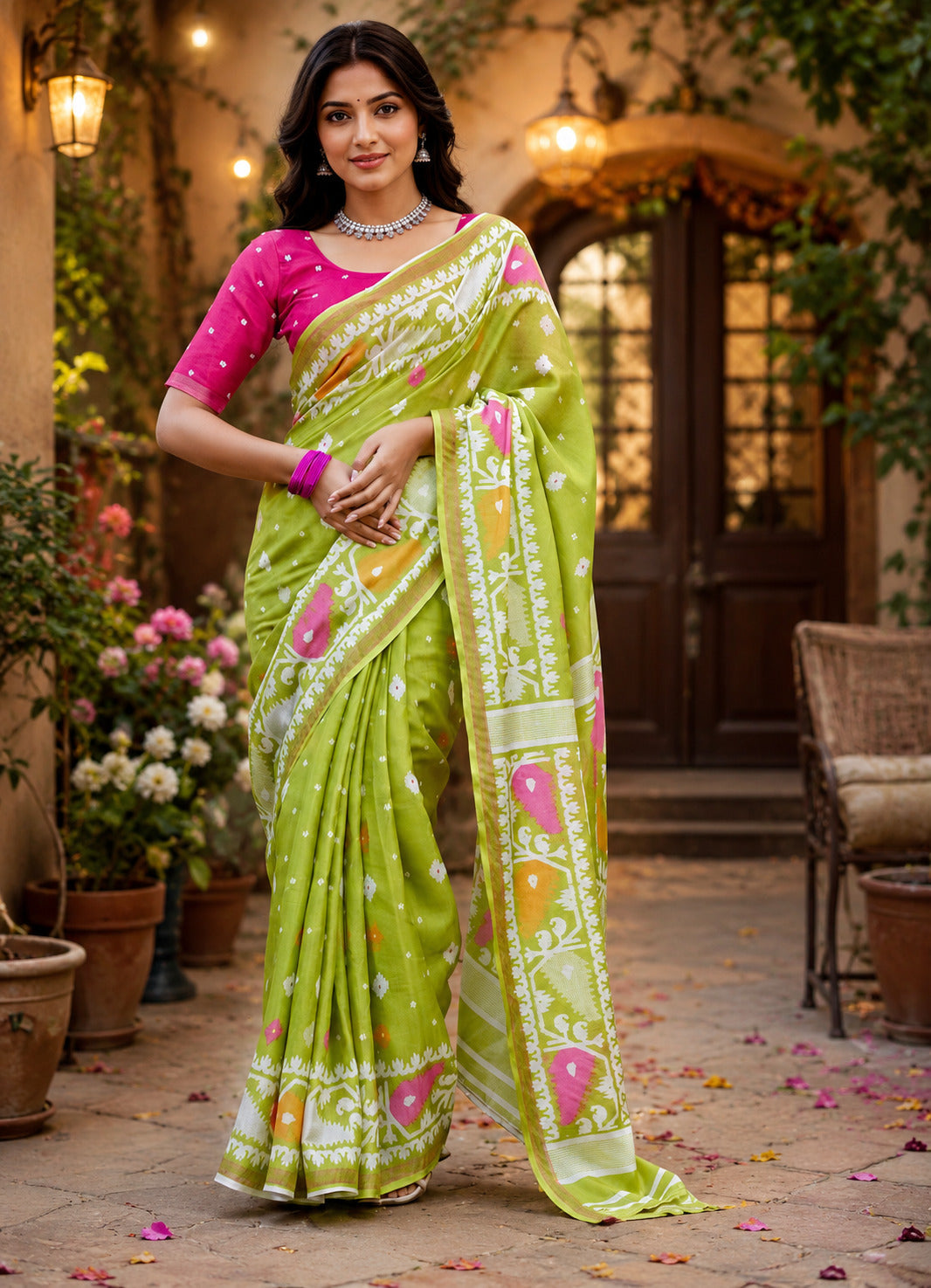 Dwija Fashion Women'S Casual Wear Printed Linen Designer Saree With Unstitched Blouse-Mint Green