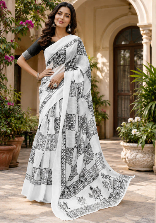 Dwija Fashion Women'S Casual Wear Printed Linen Designer Saree With Unstitched Blouse-White