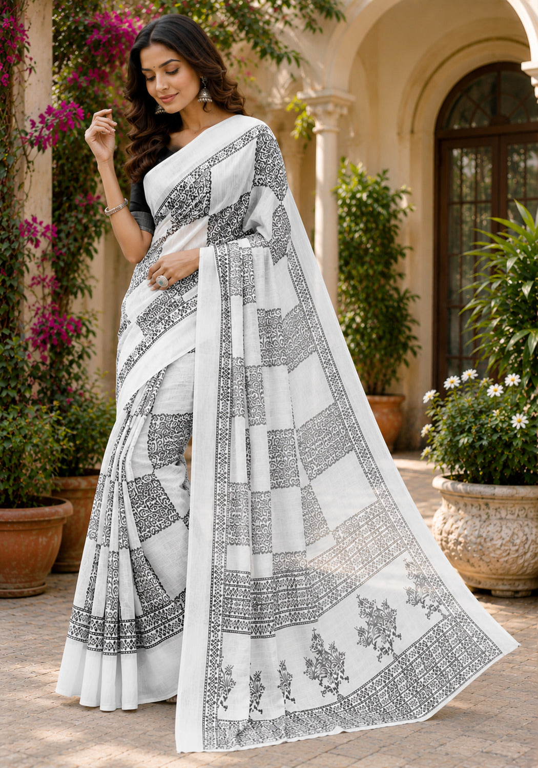 Dwija Fashion Women'S Casual Wear Printed Linen Designer Saree With Unstitched Blouse-White