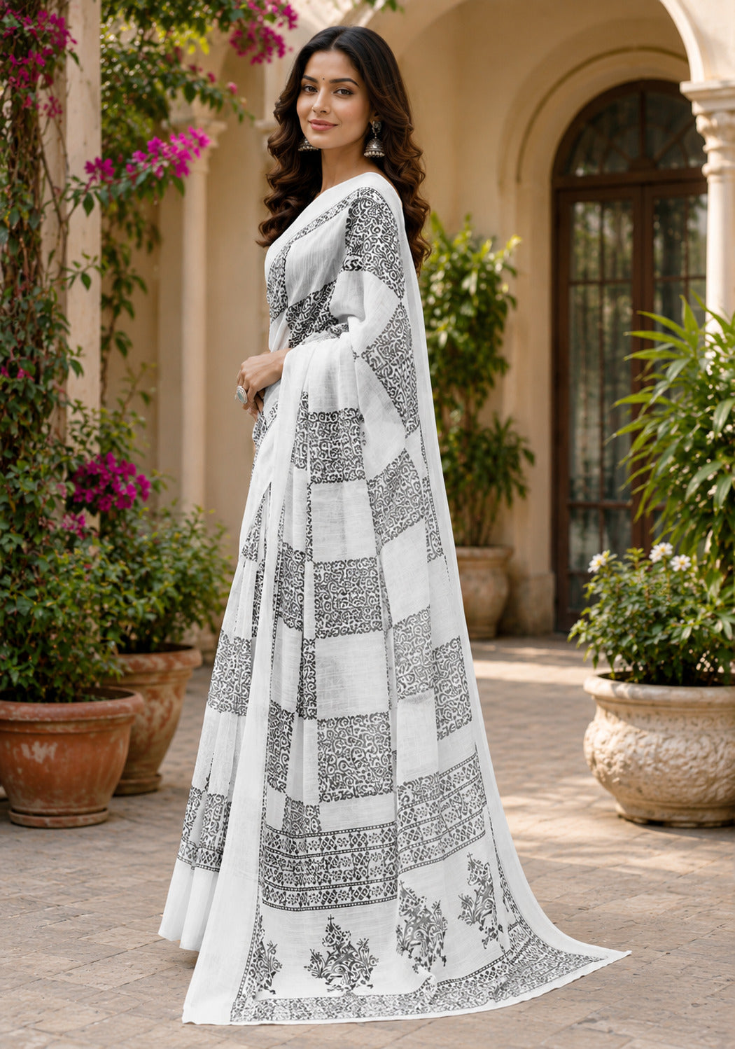 Dwija Fashion Women'S Casual Wear Printed Linen Designer Saree With Unstitched Blouse-White