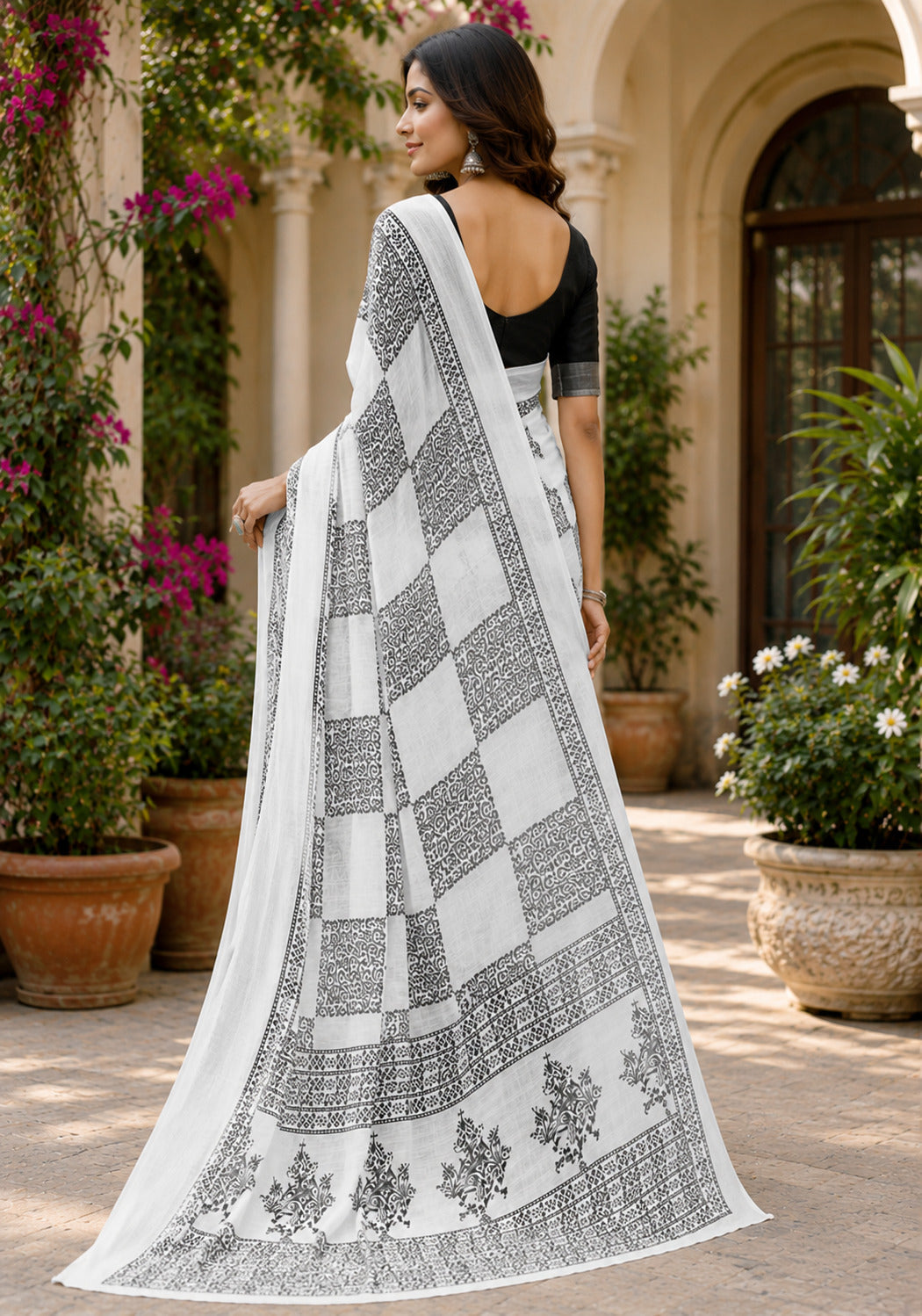 Dwija Fashion Women'S Casual Wear Printed Linen Designer Saree With Unstitched Blouse-White
