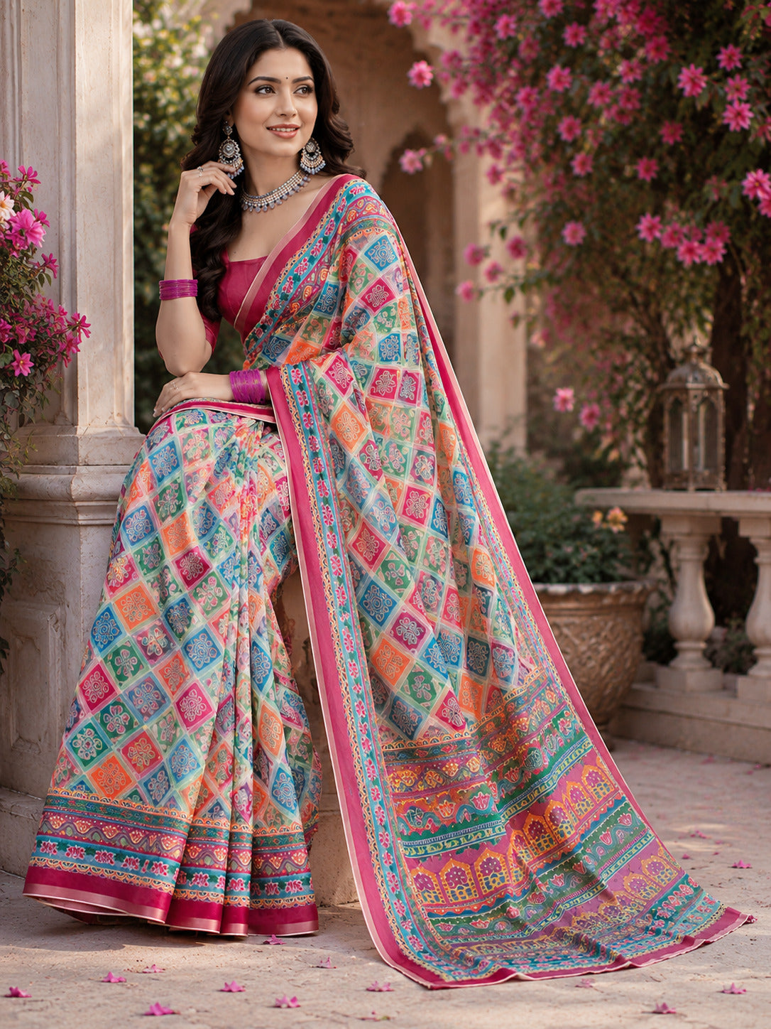Dwija Fashion Women'S Casual Wear Printed Linen Designer Saree With Unstitched Blouse-Multicolor