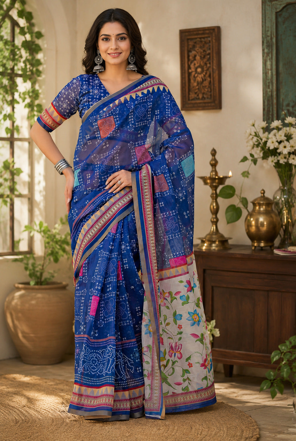 Dwija Fashion Women'S Casual Wear Printed Linen Designer Saree With Unstitched Blouse-Blue