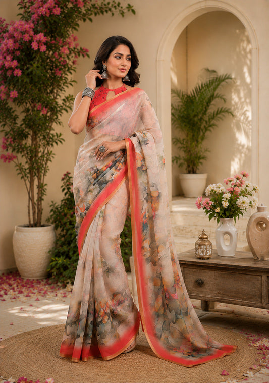 Dwija Fashion Women'S Casual Wear Printed Linen Designer Saree With Unstitched Blouse-White