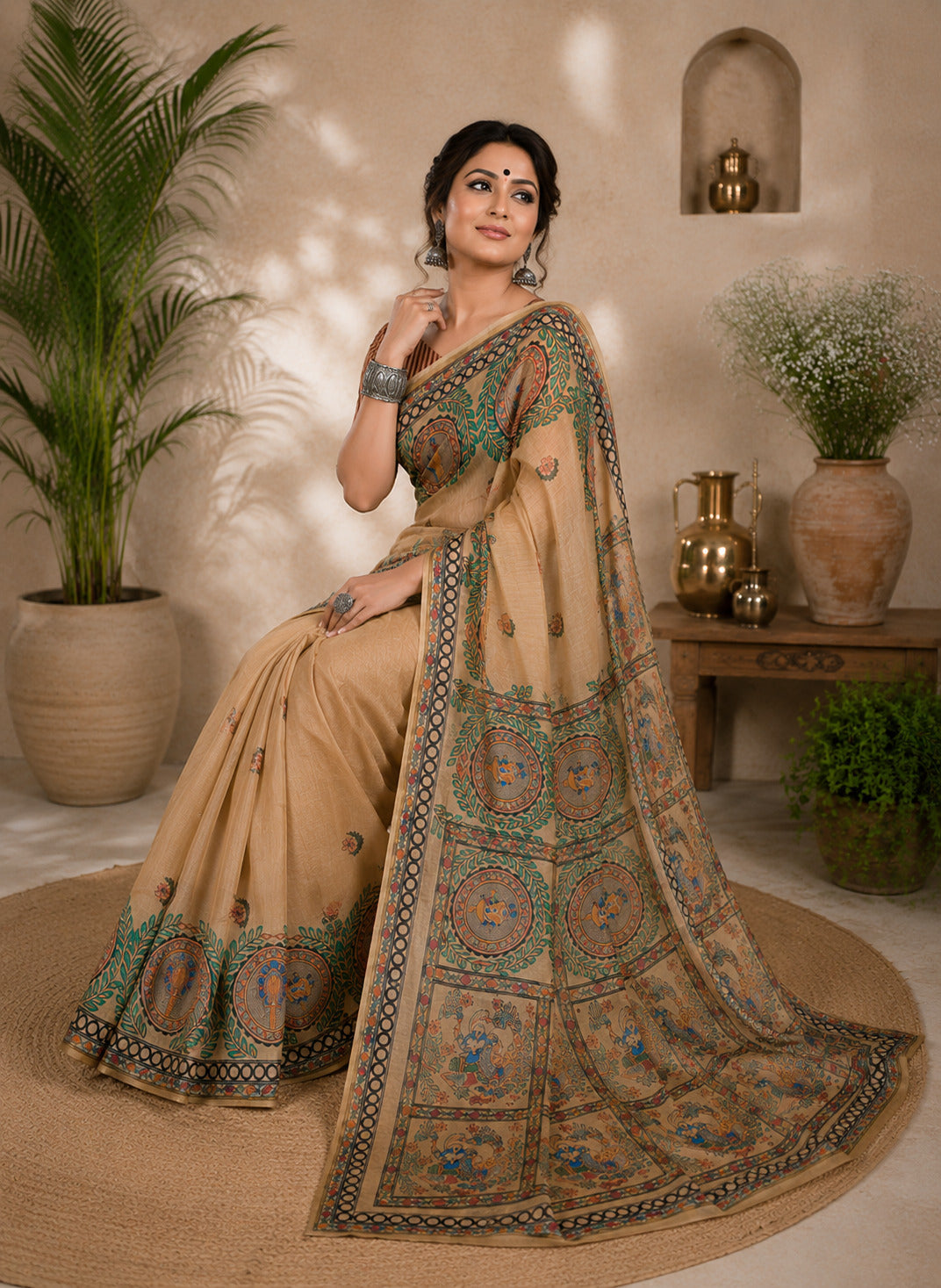 Dwija Fashion Women'S Casual Wear Printed Linen Designer Saree With Unstitched Blouse-Beige