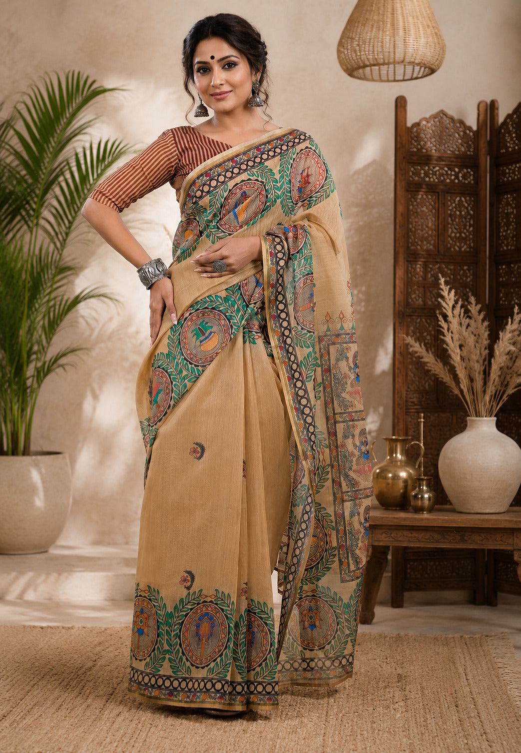 Dwija Fashion Women'S Casual Wear Printed Linen Designer Saree With Unstitched Blouse-Beige