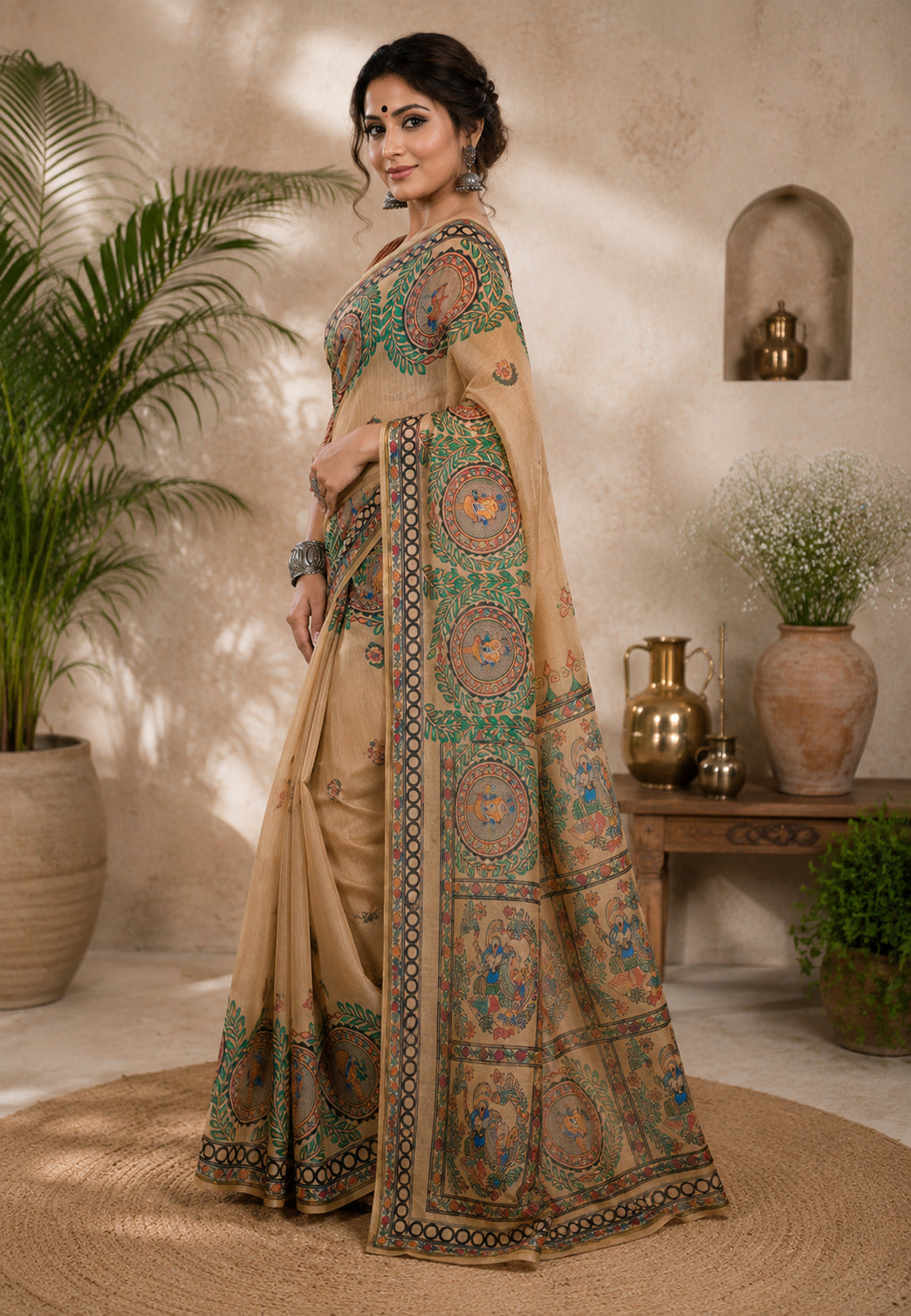 Dwija Fashion Women'S Casual Wear Printed Linen Designer Saree With Unstitched Blouse-Beige