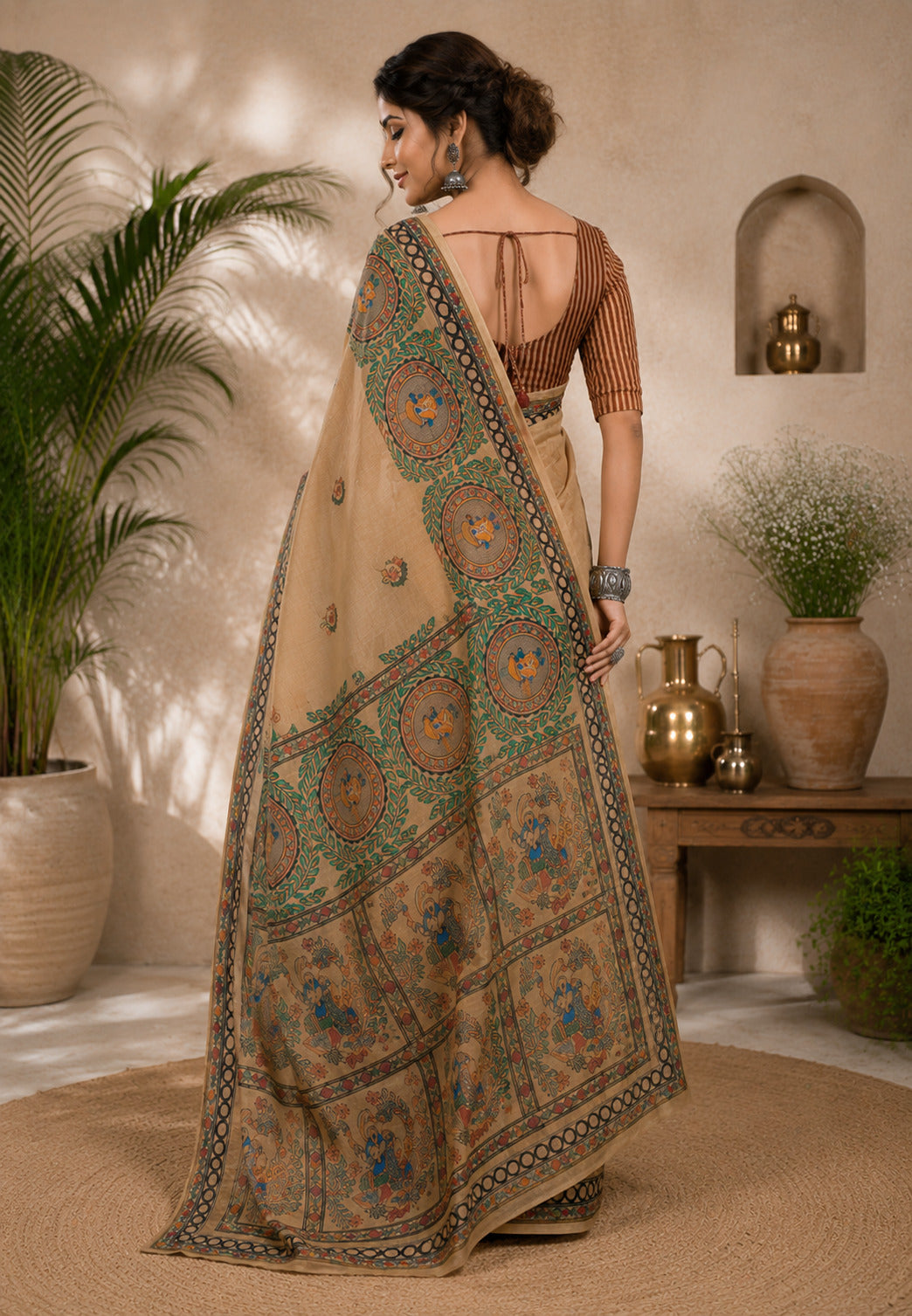 Dwija Fashion Women'S Casual Wear Printed Linen Designer Saree With Unstitched Blouse-Beige