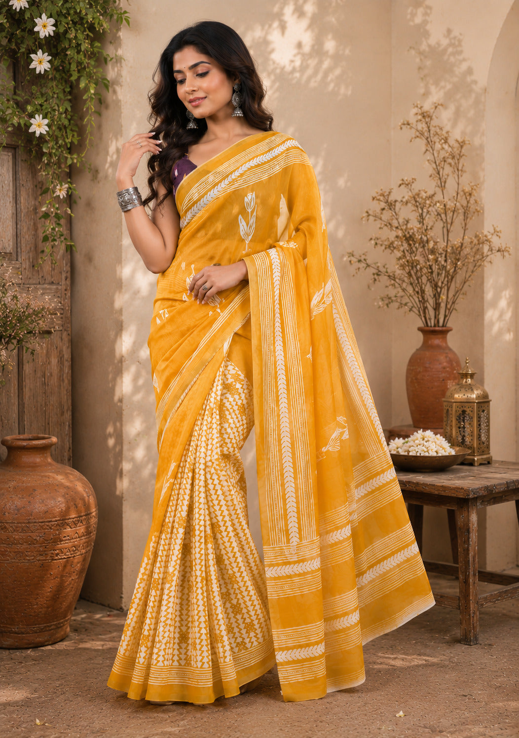 Dwija Fashion Women'S Casual Wear Printed Linen Designer Saree With Unstitched Blouse-Yellow