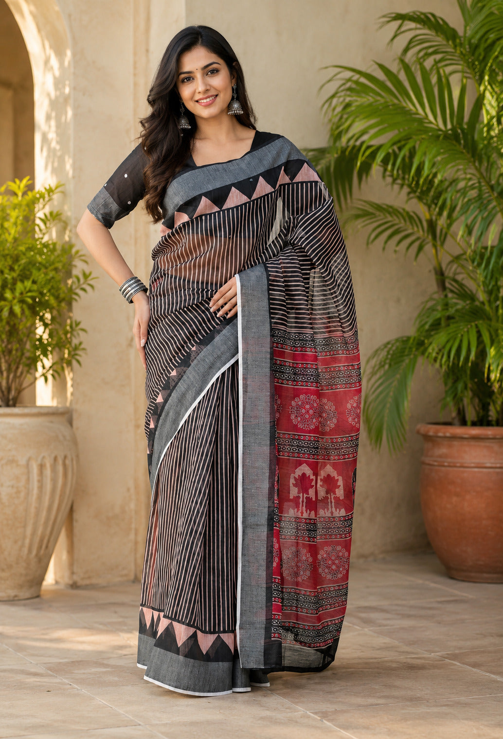 Dwija Fashion Women'S Casual Wear Printed Linen Designer Saree With Unstitched Blouse-Black