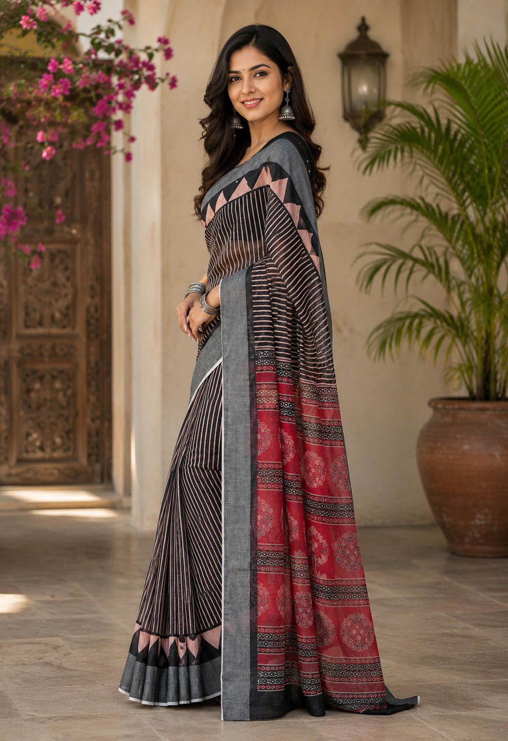Dwija Fashion Women'S Casual Wear Printed Linen Designer Saree With Unstitched Blouse-Black