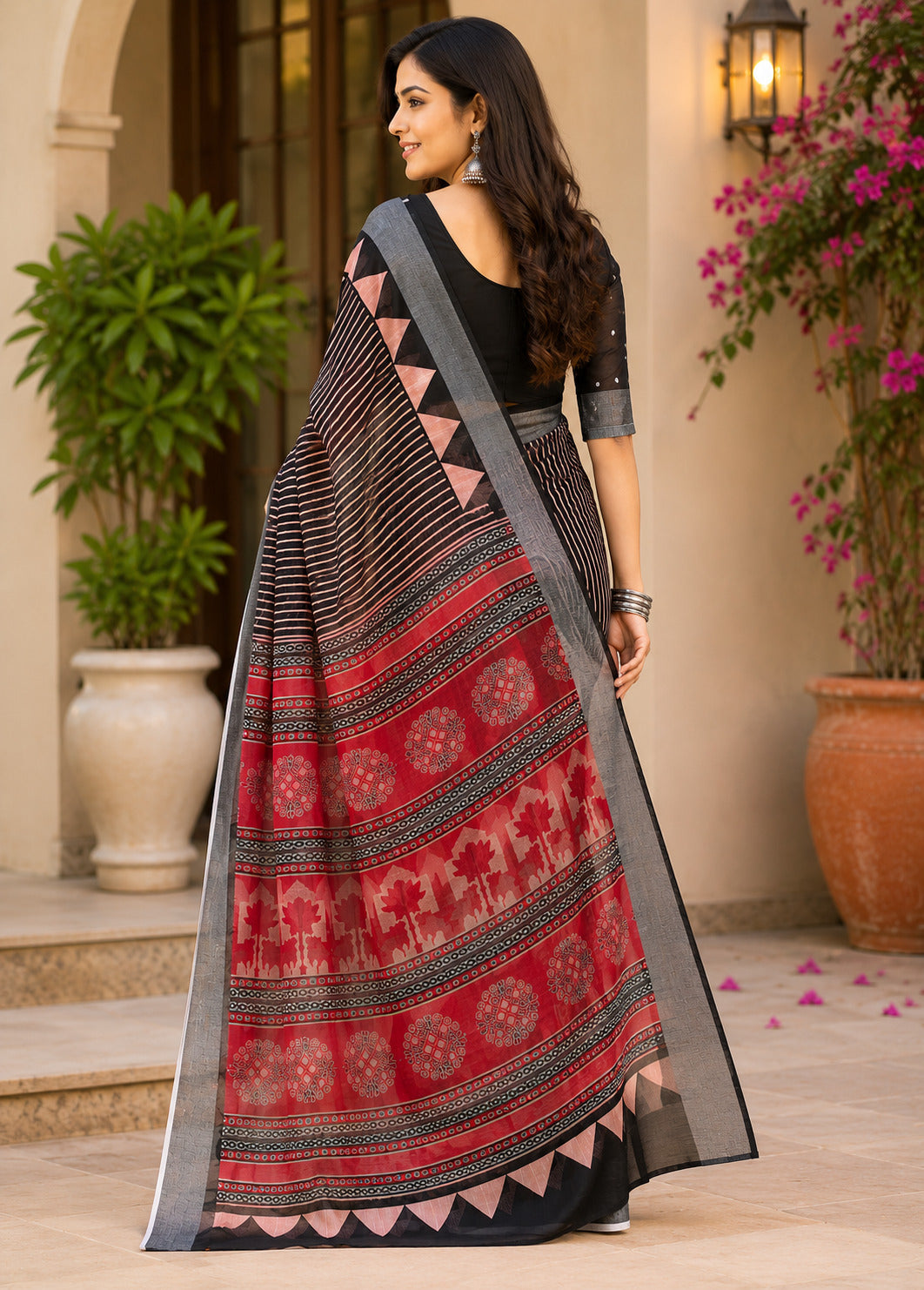 Dwija Fashion Women'S Casual Wear Printed Linen Designer Saree With Unstitched Blouse-Black