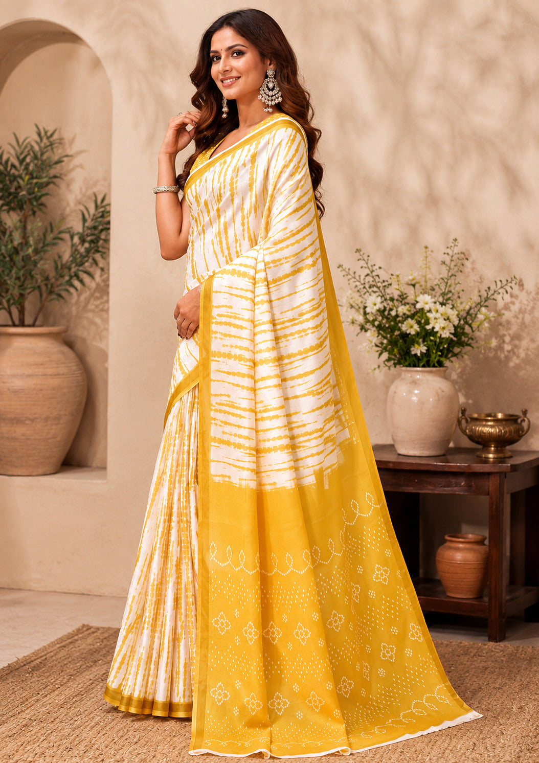 Dwija Fashion Women'S Casual Wear Printed Linen Designer Saree With Unstitched Blouse-Yellow