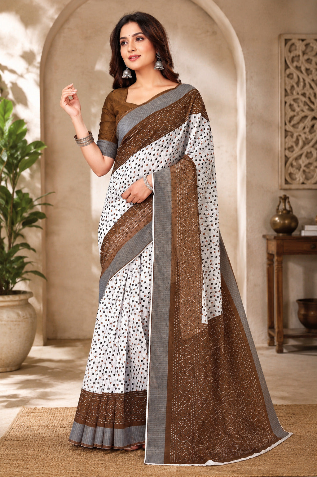 Dwija Fashion Women'S Casual Wear Printed Linen Designer Saree With Unstitched Blouse-White
