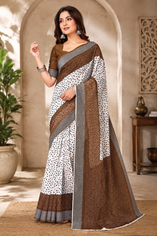 Dwija Fashion Women'S Casual Wear Printed Linen Designer Saree With Unstitched Blouse-White