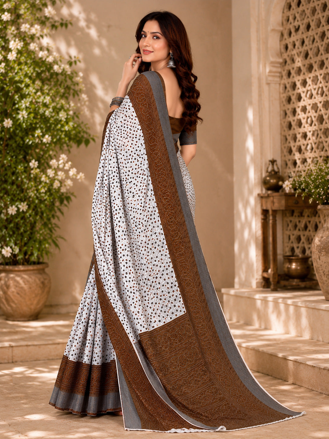 Dwija Fashion Women'S Casual Wear Printed Linen Designer Saree With Unstitched Blouse-White
