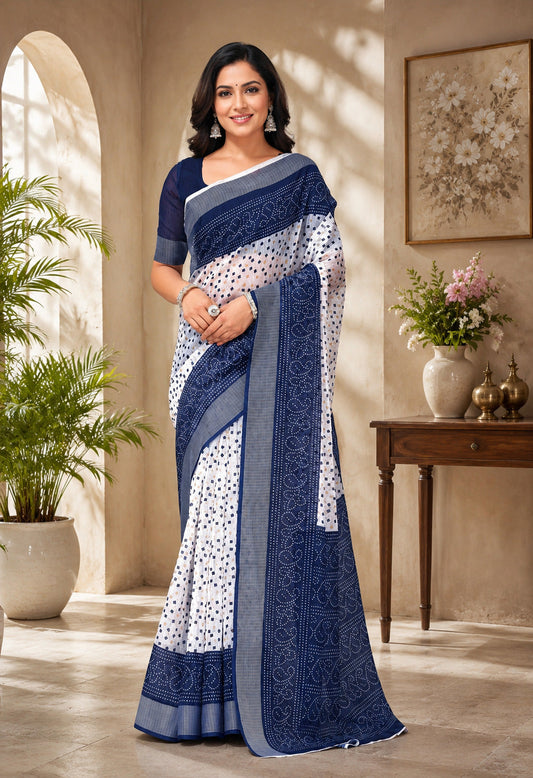 Dwija Fashion Women'S Casual Wear Printed Linen Designer Saree With Unstitched Blouse-Royal Blue