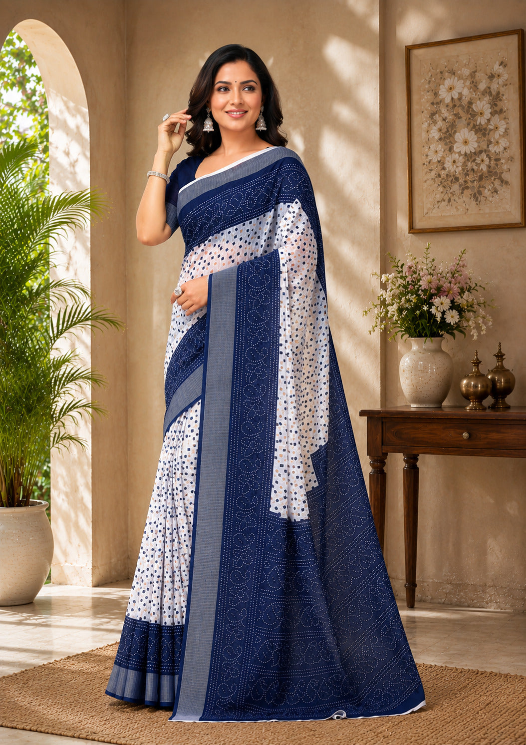 Dwija Fashion Women'S Casual Wear Printed Linen Designer Saree With Unstitched Blouse-Royal Blue