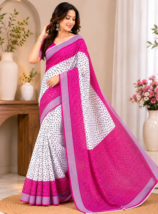 Dwija Fashion Women'S Casual Wear Printed Linen Designer Saree With Unstitched Blouse-White