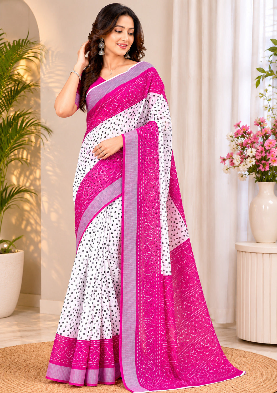 Dwija Fashion Women'S Casual Wear Printed Linen Designer Saree With Unstitched Blouse-White