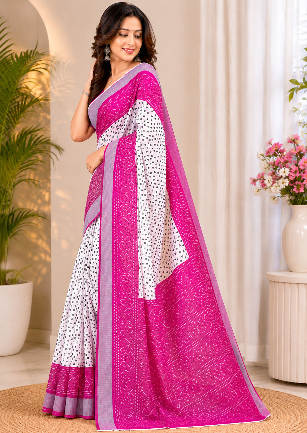 Dwija Fashion Women'S Casual Wear Printed Linen Designer Saree With Unstitched Blouse-White
